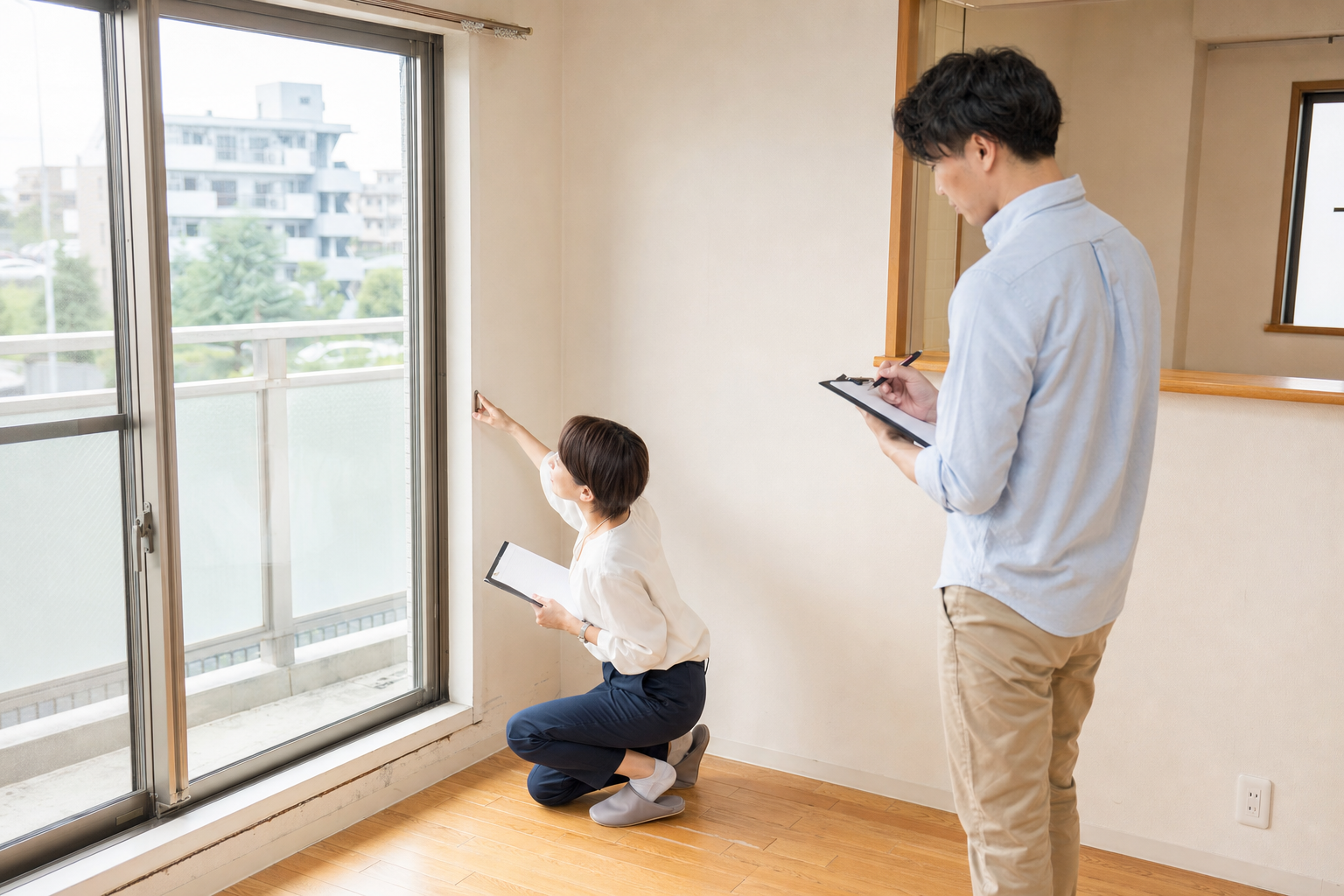 中古マンションの窓まわりや壁を内見で確認する夫婦