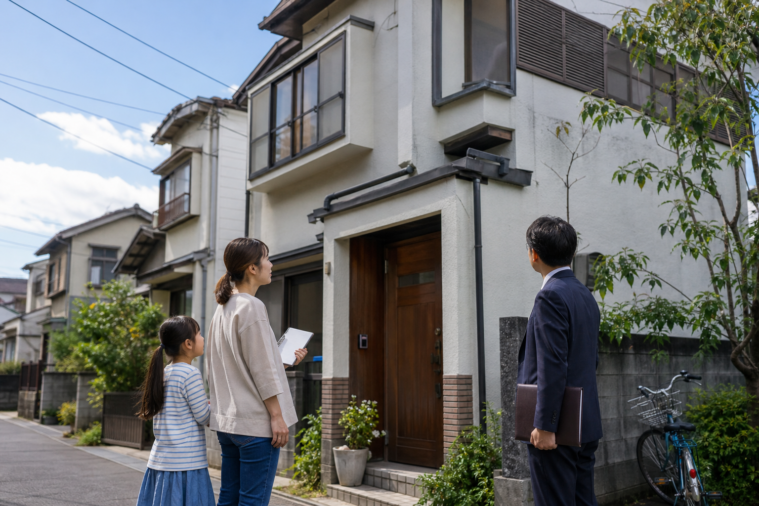 シングルマザーと子どもが中古住宅の外観を担当者と確認している様子