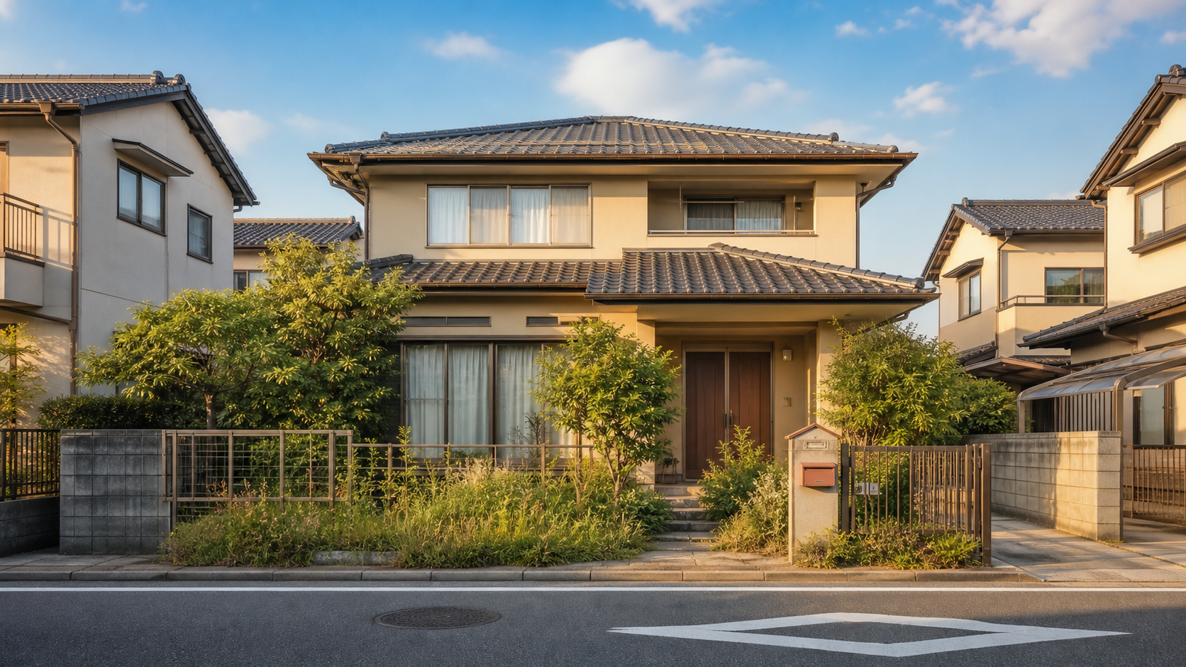 庭木が少し伸びた空き家と周辺の住宅地