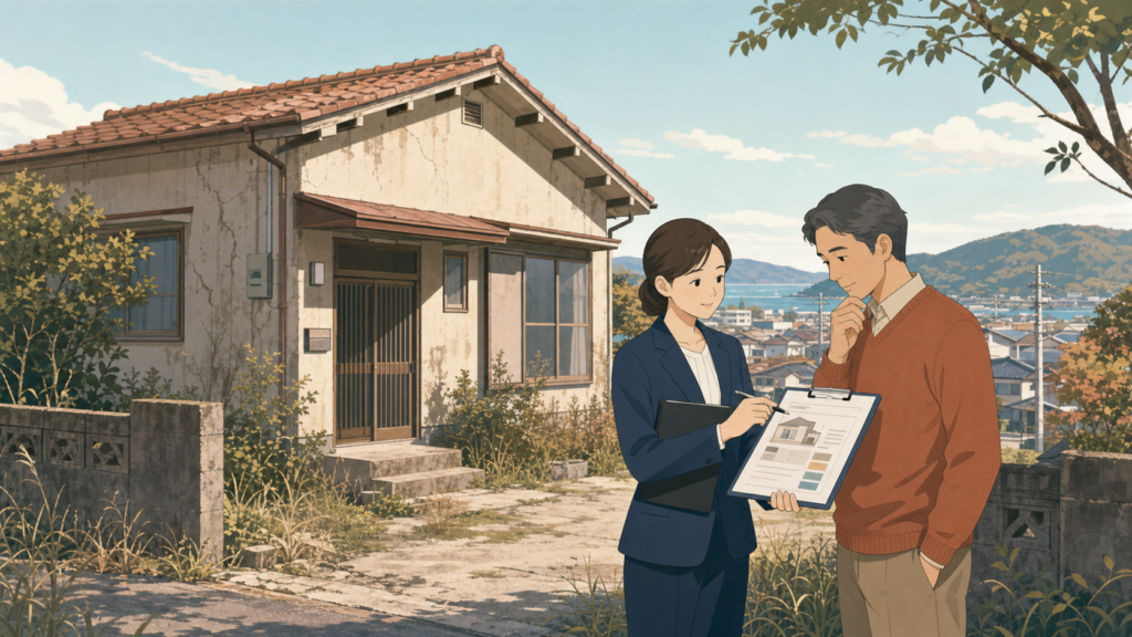 低廉な空家等の媒介報酬を所有者へ説明する不動産会社担当者のイラスト