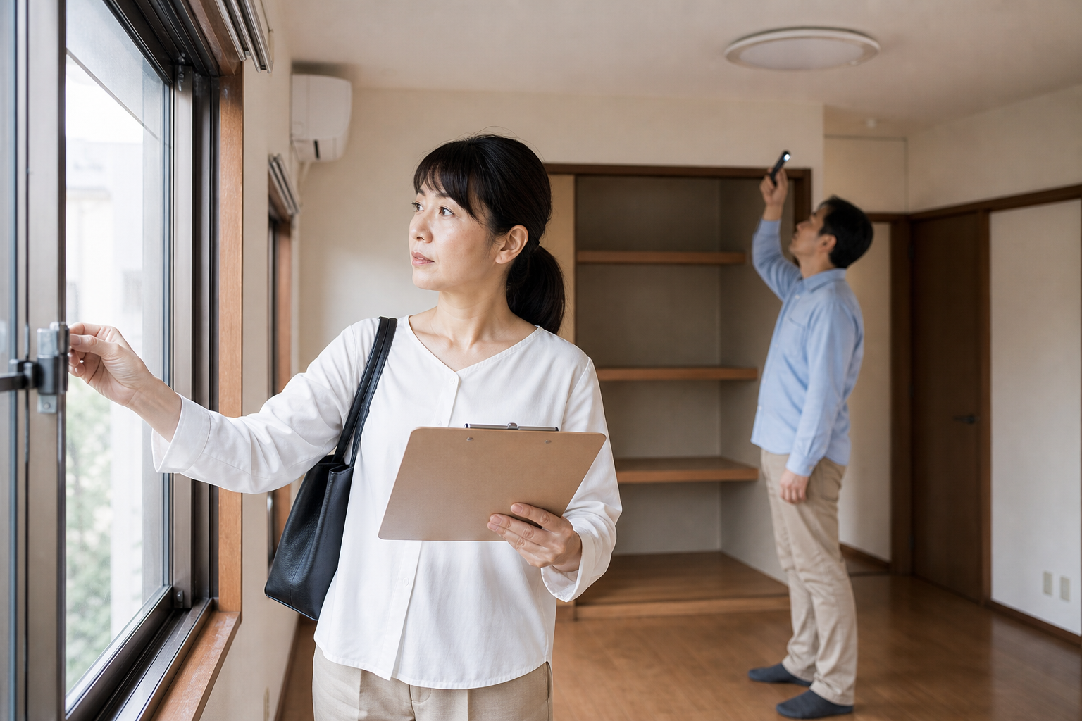 相続放棄を検討する家族が空き家の窓や天井の状態を確認している様子