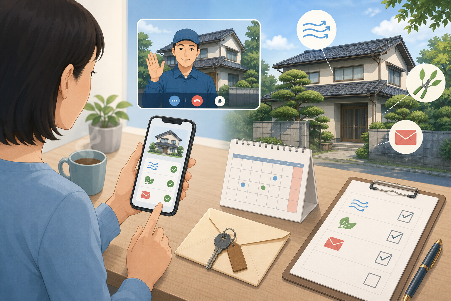 遠方からスマートフォンで空き家の管理状況を確認するイラスト