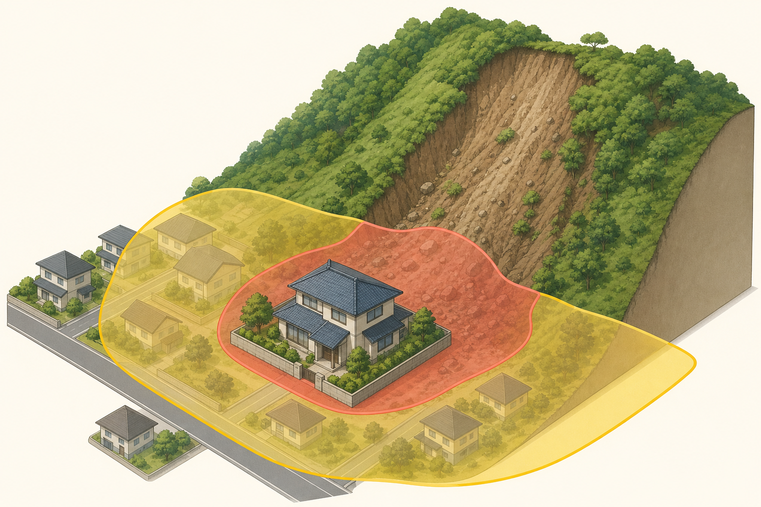 斜面近くの住宅地に黄色と赤色の区域を重ねたイメージ図