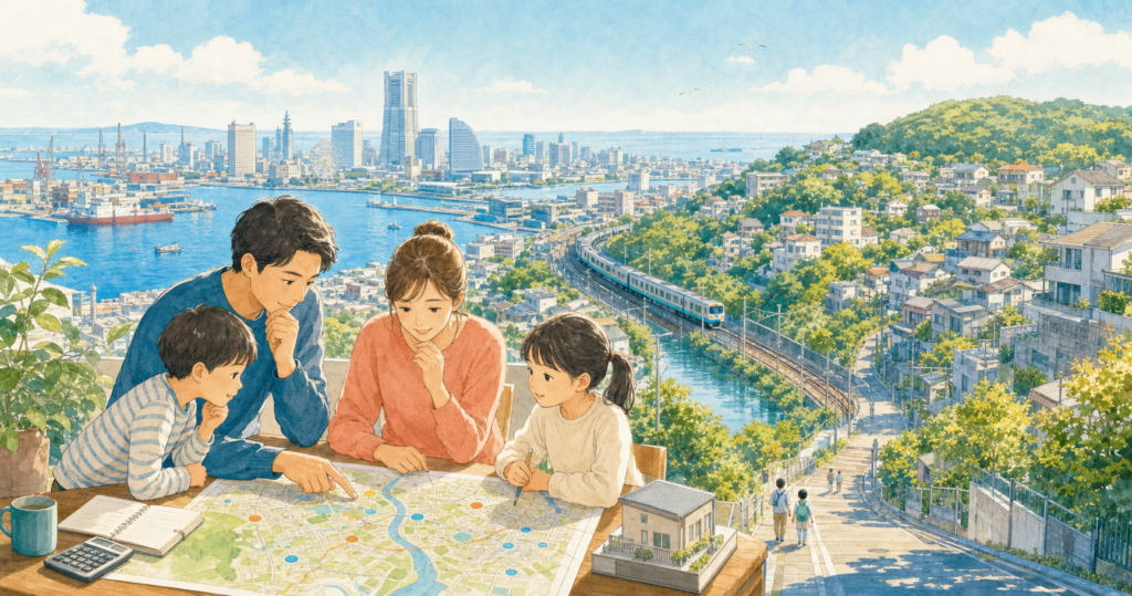 横浜市の港・鉄道・丘陵住宅地を見渡しながら学区・災害・家計を話し合う家族