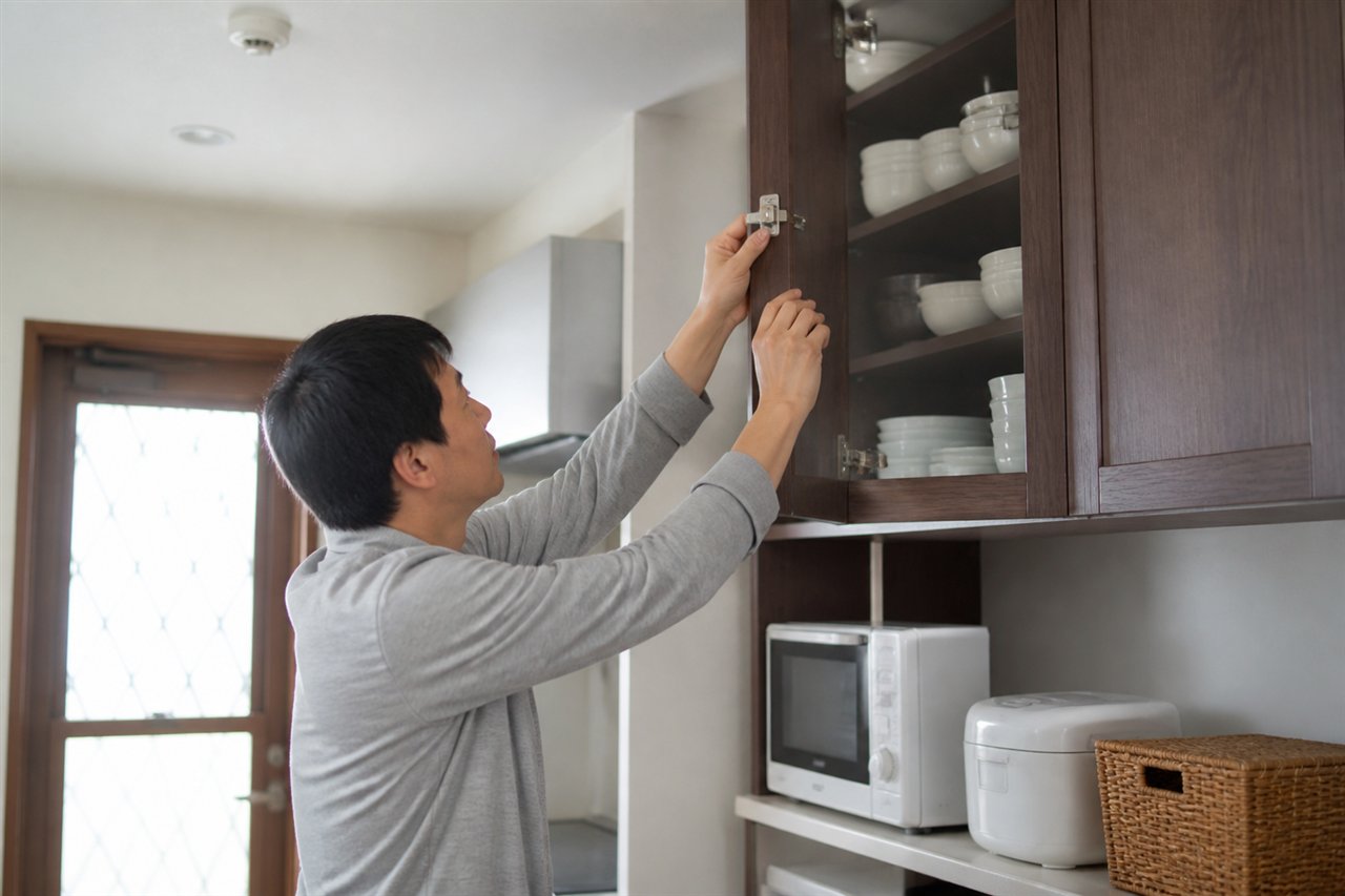 地震後に食器棚の扉と留め具を確認する男性