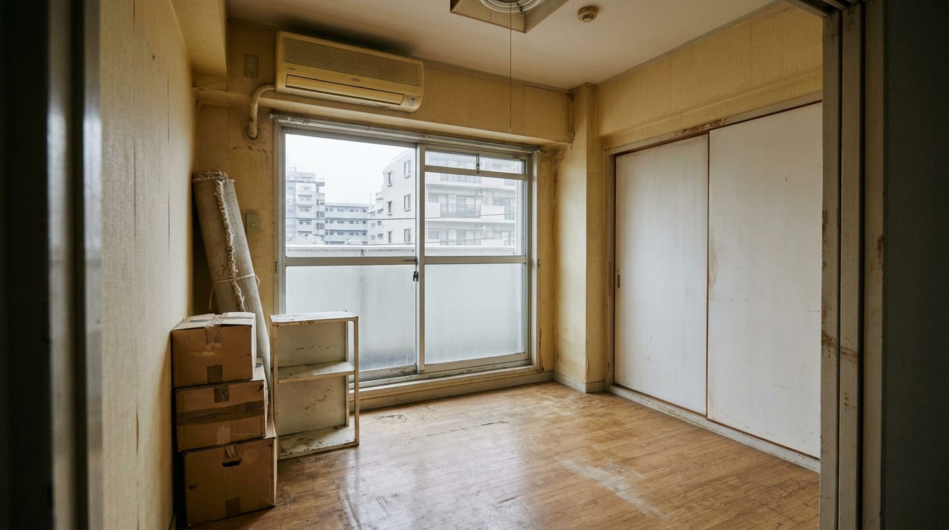 同じ部屋に残置物がある状態。段ボール数箱、古い棚、丸めたカーペットが隅にまとめて置かれている