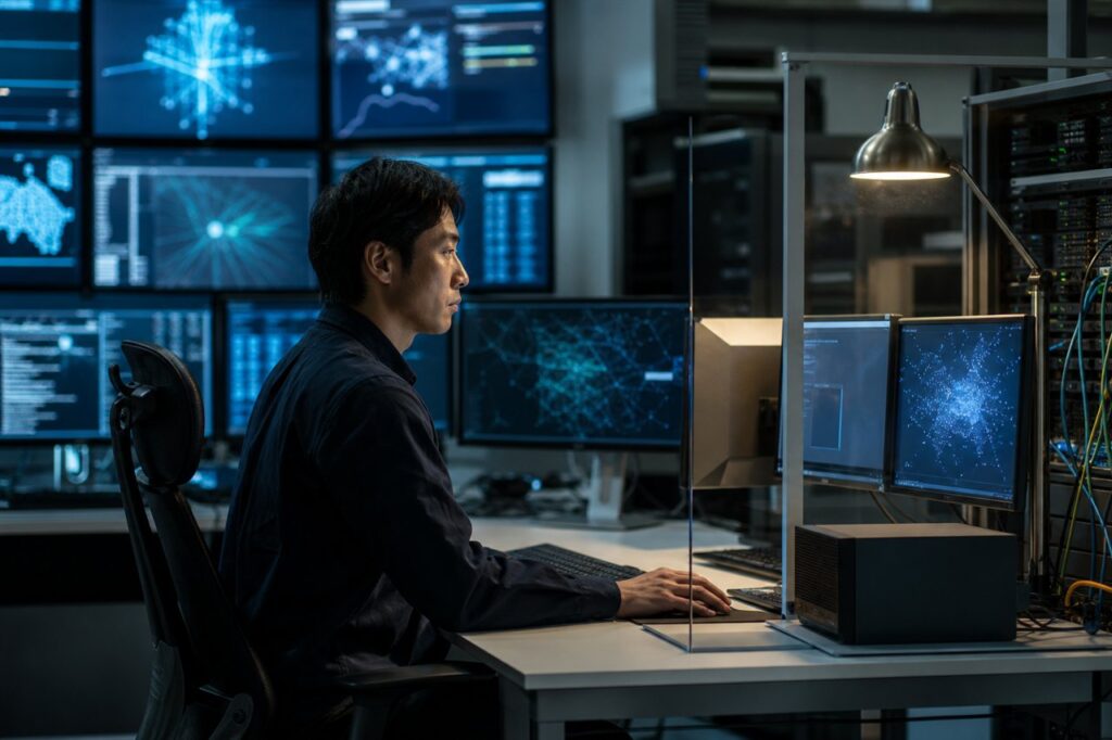 隔離されたAI評価用端末とネットワーク監視画面を確認するセキュリティ担当者