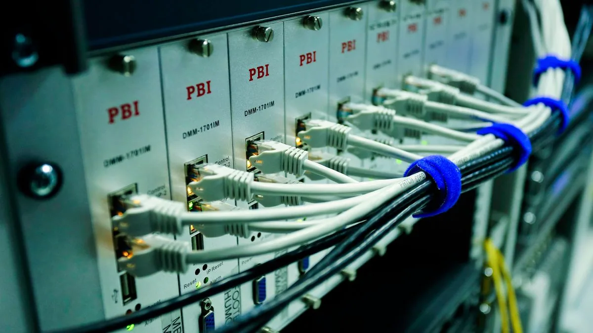 ネットワーク機器のポートに、LANケーブルが何本も束ねて挿さっている