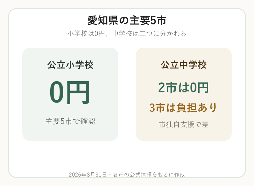 愛知県主要5市は公立小学校が原則0円で中学校は2市が0円、3市が負担ありと示す図