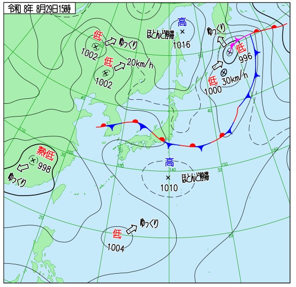 2026年8月29日15時の実況天気図。本州付近に前線が停滞している