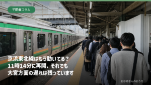 京浜東北線の運転再開と遅れを伝える記事のアイキャッチ。運転再開後の駅で電車を待つ通勤客の列