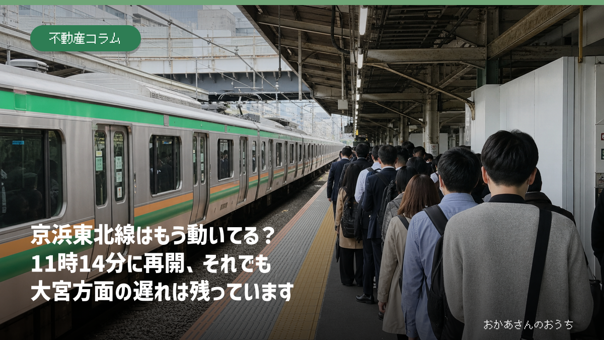 京浜東北線の運転再開と遅れを伝える記事のアイキャッチ。運転再開後の駅で電車を待つ通勤客の列