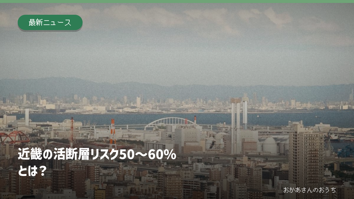 神戸の市街地と六甲山地を望む空撮に「近畿の活断層リスク50～60%とは？」と重ねたアイキャッチ