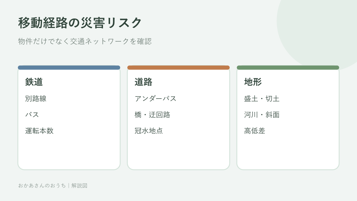 住宅選びで確認する鉄道・道路・地形の交通インフラリスク図