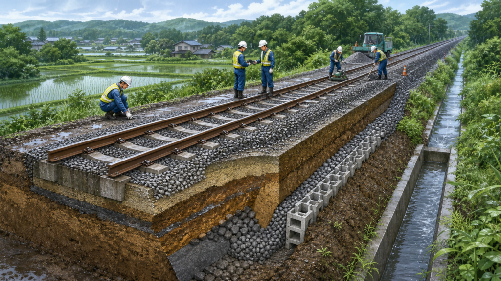 豪雨後に道床と排水設備を復旧する鉄道保守作業のオリジナルイメージ