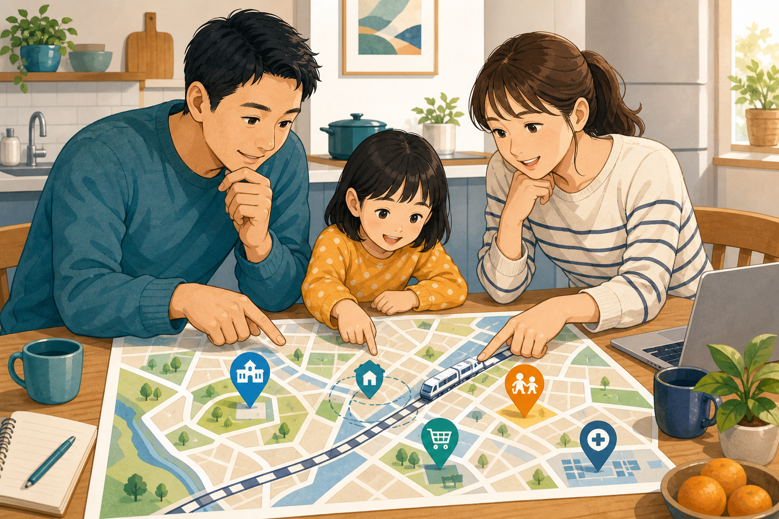 家族で学区、通勤、保育、買い物と医療を確認するイラスト
