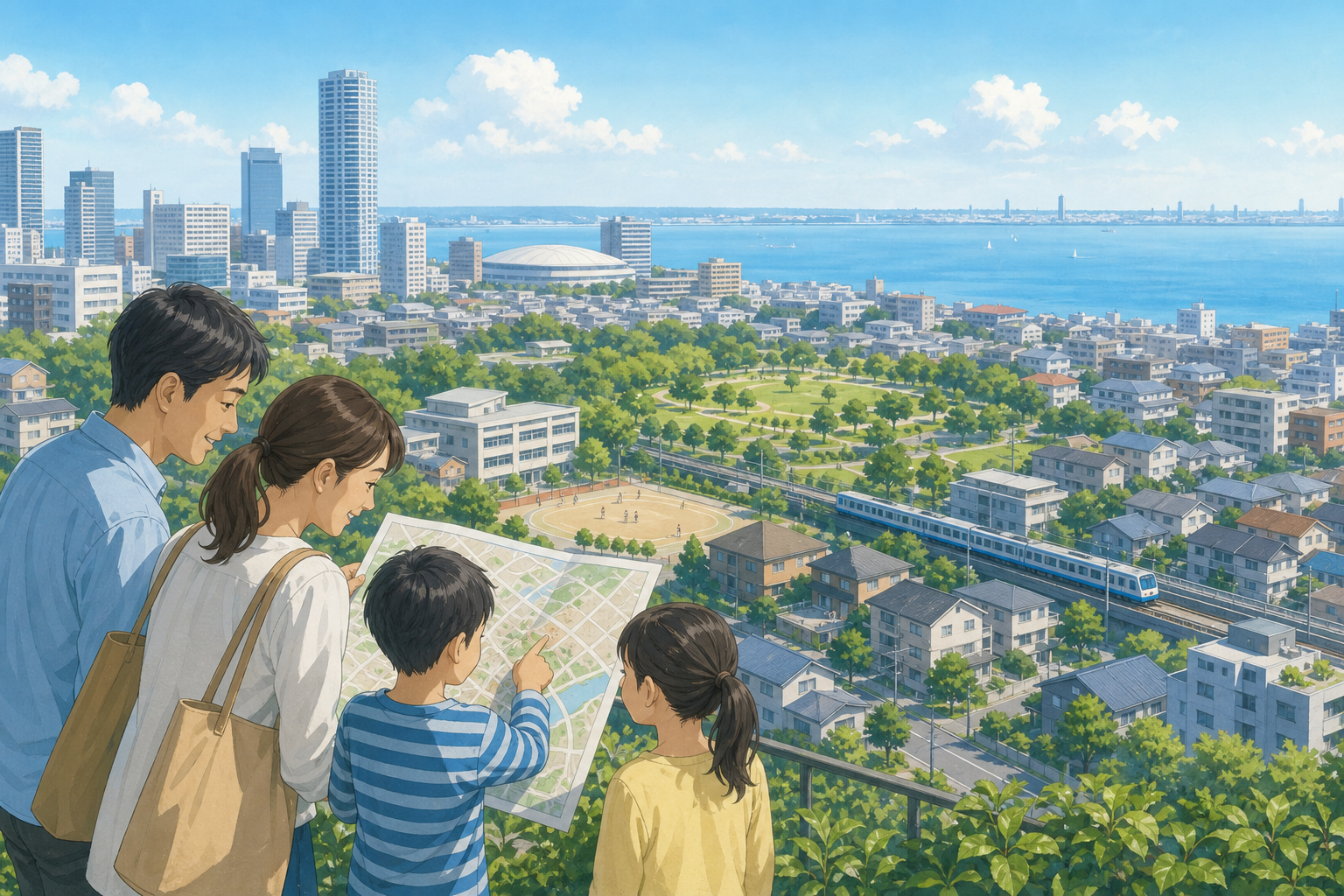千葉市の街並みを眺めながら住まいを検討する子育て世帯のイラスト