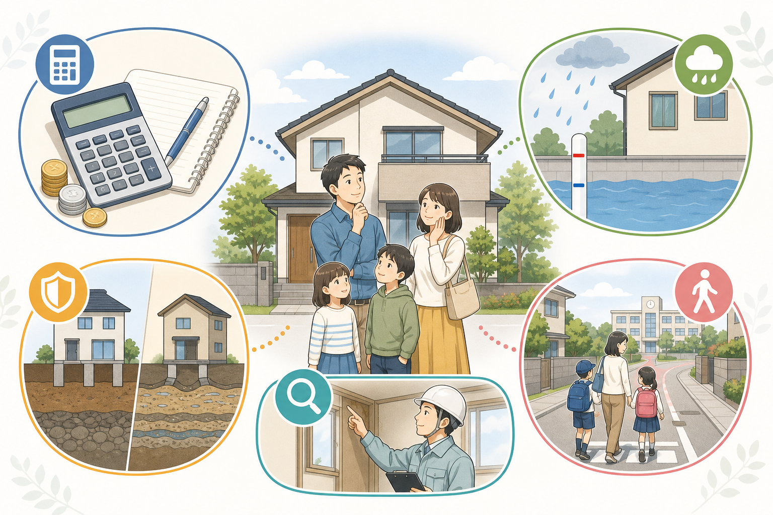 住宅購入前に予算、水害、地盤、通学路、建物を確認するイラスト