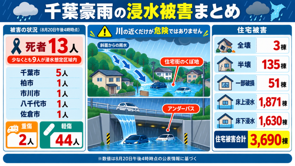 千葉豪雨で浸水想定区域内の死者や住宅浸水被害をまとめた図