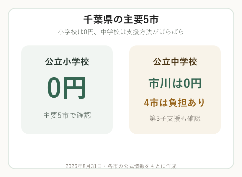 千葉県主要5市は公立小学校が0円で中学校は市川市が0円、ほか4市が負担ありと示す図