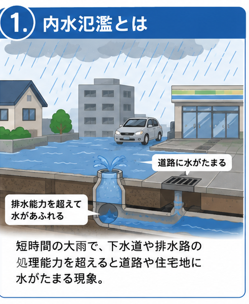 内水氾濫の仕組みの図。短時間の大雨で下水道や排水路の処理能力を超え、マンホールから水があふれて道路に水がたまる様子