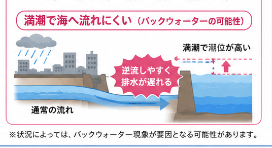 バックウォーターの説明図。満潮で海の潮位が高いと川や排水路の水が逆流しやすく、排水が遅れる様子