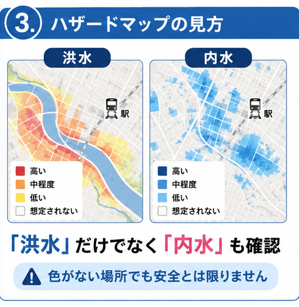 洪水ハザードマップと内水ハザードマップの比較イメージ。同じ地域でも色のつく範囲が異なることを示す