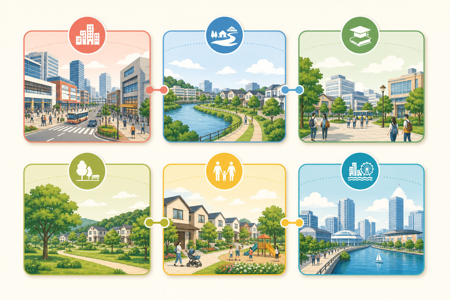 千葉市の6区を暮らしの特徴別にイメージしたイラスト