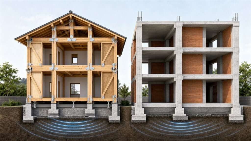 木造住宅と鉄筋コンクリート造・れんが壁の建物構造を比較したイメージ