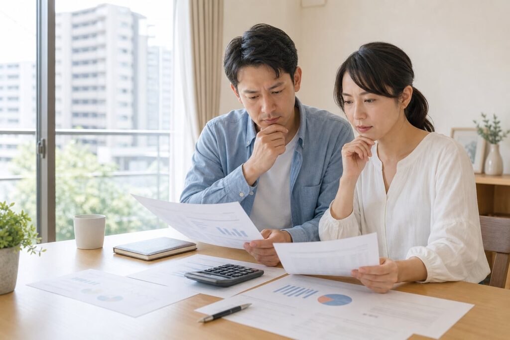 中古マンション購入前に修繕積立金の資料と将来負担を確認する夫婦
