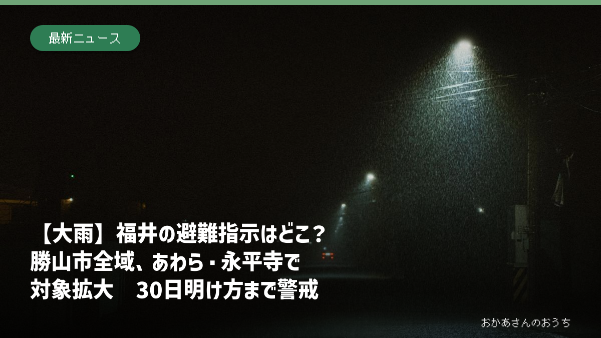 夜の道路に街灯が照らす強い雨。福井県内の大雨と避難指示を伝える記事のアイキャッチ