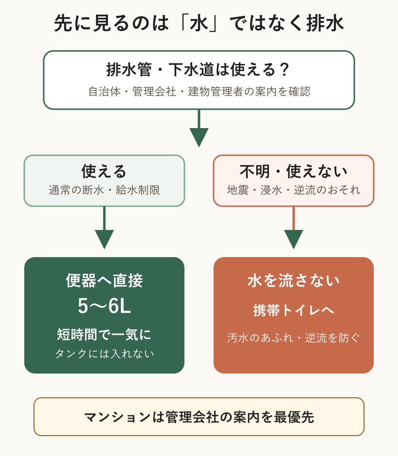 断水時にトイレへ水を流せるかを判断する手順。排水管の安全が確認できればバケツ洗浄、不明や破損・逆流の恐れがあれば携帯トイレを使う