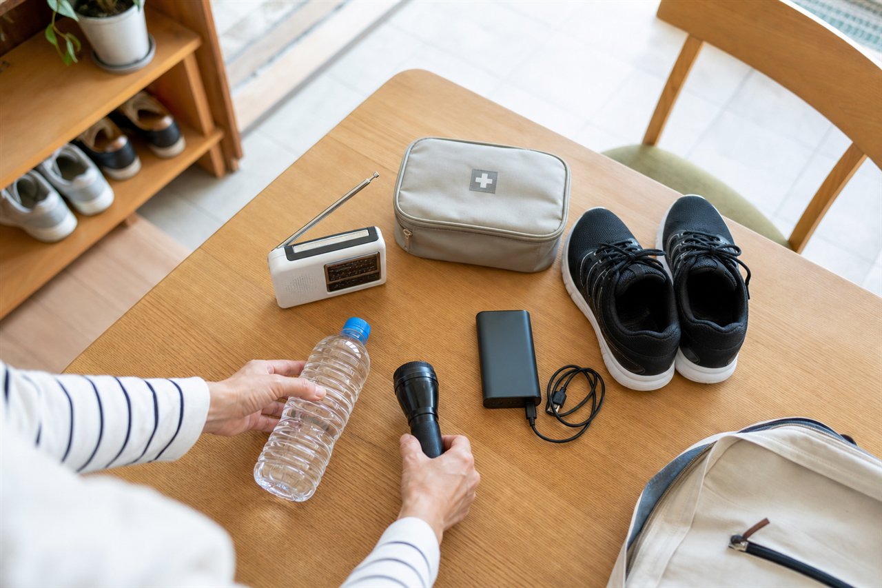 懐中電灯や水、ラジオ、モバイルバッテリーを点検する様子