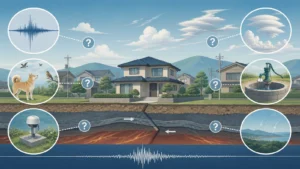 地震の前触れと住宅を科学的に検証するイメージ