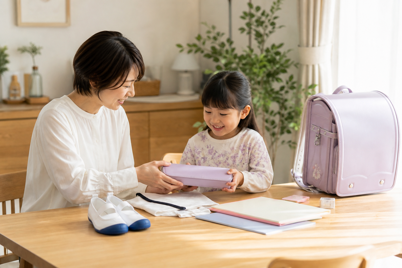 小学校の入学準備をする親子
