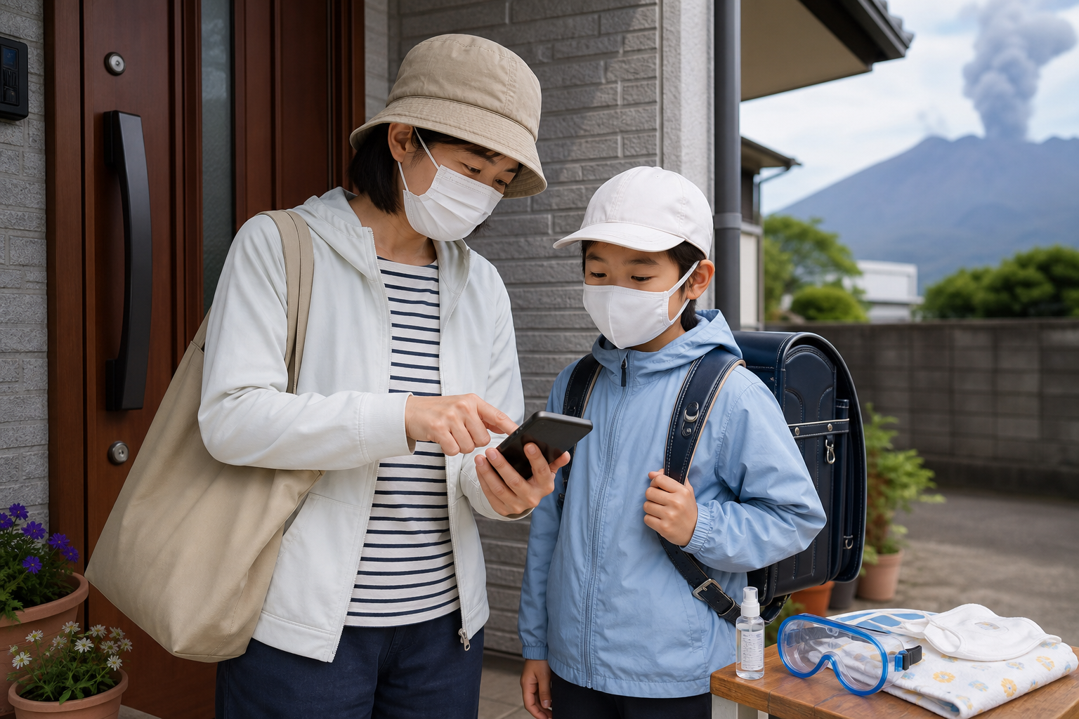 マスクを着けてスマートフォンで桜島の降灰予報を確認する親子