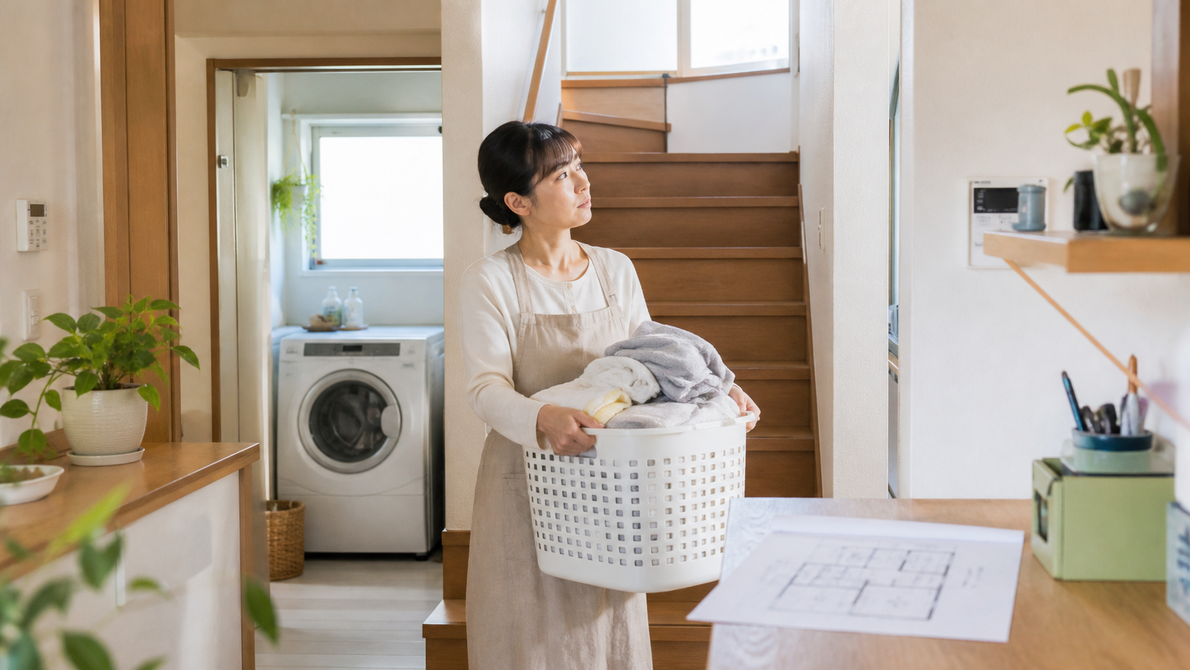 生活動線の見落としを表す住宅内で洗濯かごを持つ女性