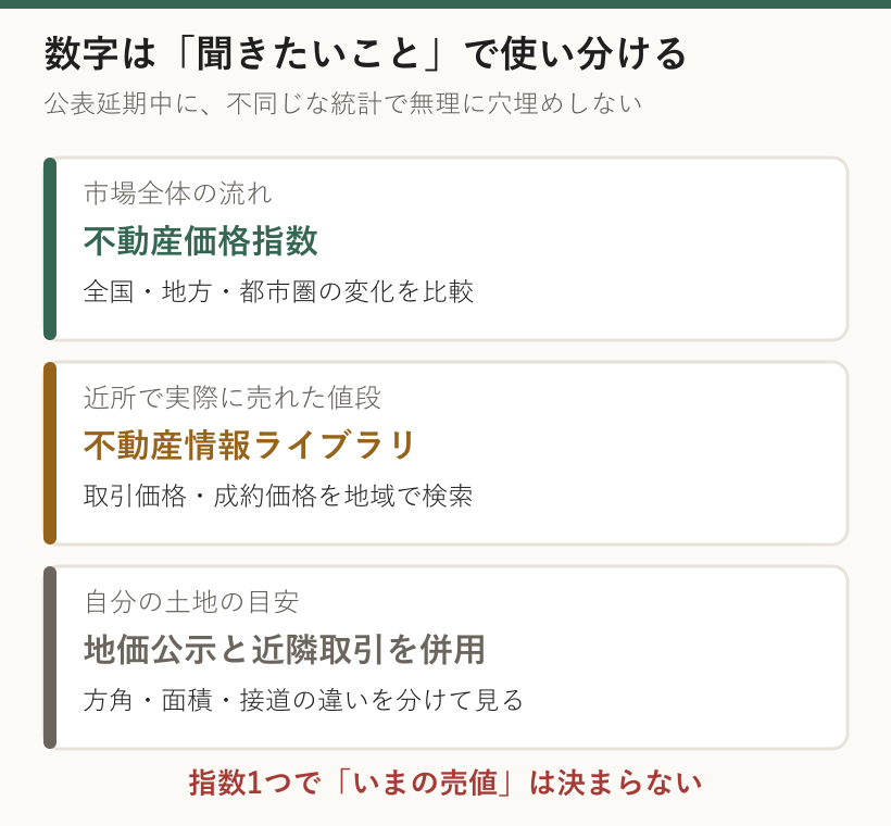 市場全体の流れは不動産価格指数、近所の売買値は不動産情報ライブラリ、自分の土地は地価公示と近隣取引を併用する使い分け