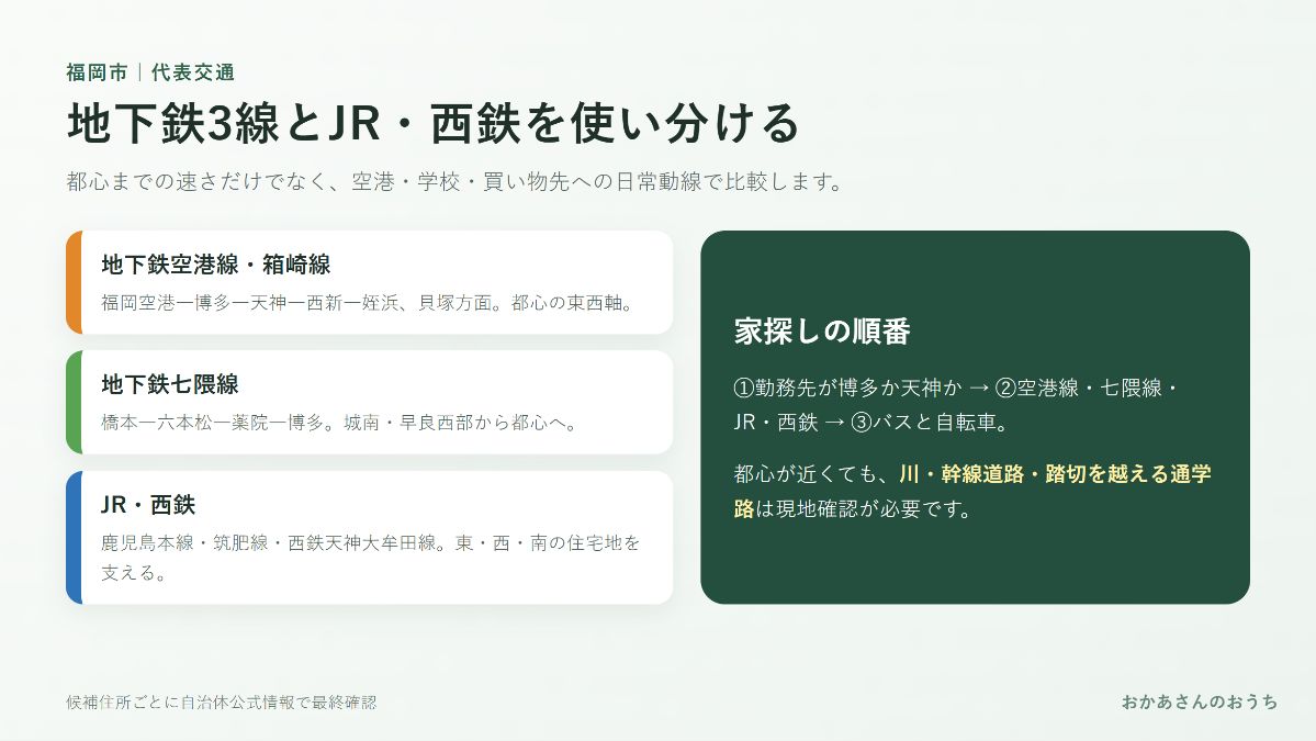福岡市の地下鉄3線・JR・西鉄の交通軸