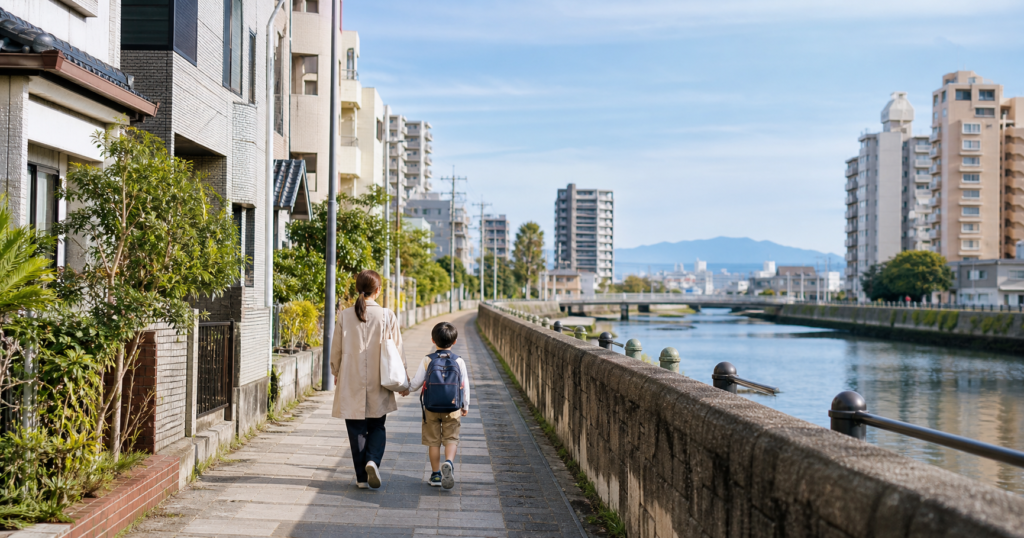 福岡市の川沿いの住宅地を親子で歩く様子