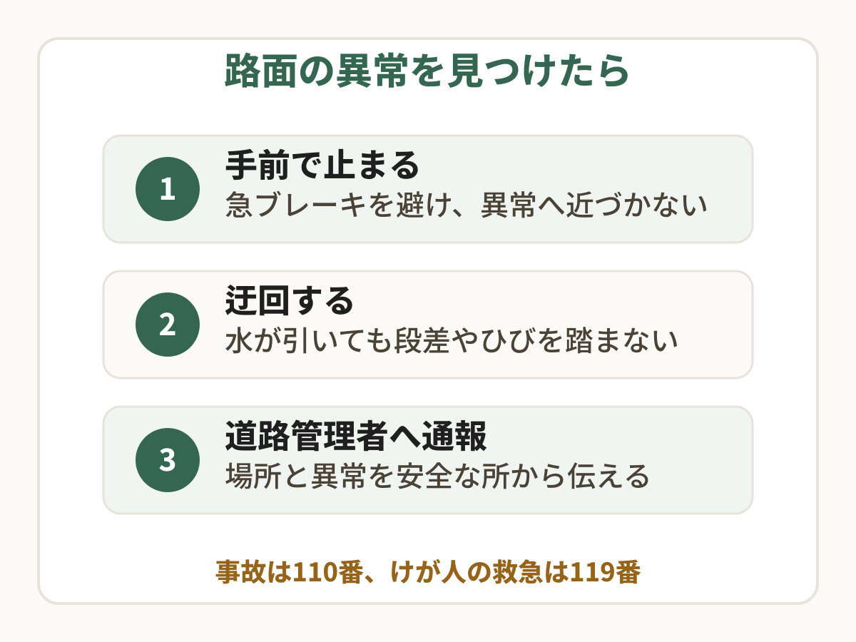 道路の段差やひび、隆起などの異常を見つけたときに、手前で止まる、迂回する、道路管理者に通報する手順の図