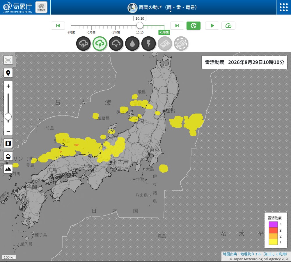 気象庁の雷活動度の実画面。2026年8月29日10時10分時点で北陸から東北にかけて黄色の領域が点在している