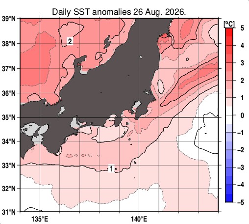 気象庁の日別海面水温平年差図。北陸沖の日本海が平年より2度以上高い赤色で示されている