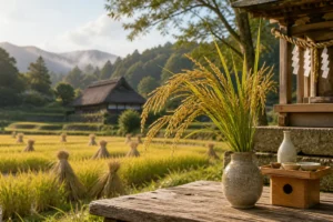 稲穂を神前に供える旧暦八月一日の風習を表した和風イメージ