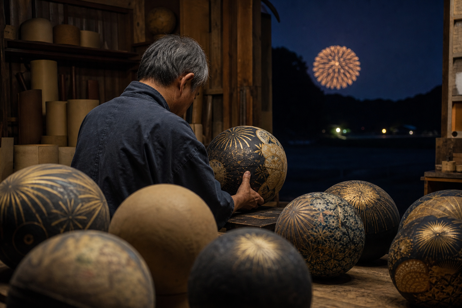 完成した花火玉を確かめる花火職人