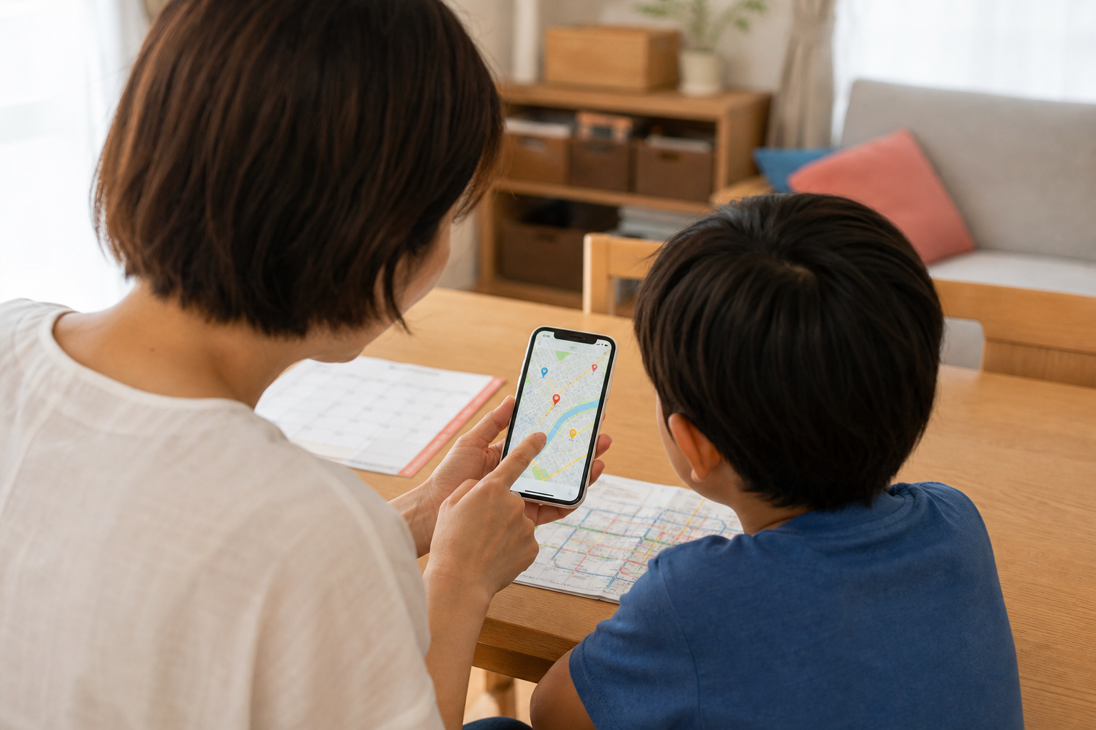 スマートフォンの地図で花火大会を探す親子