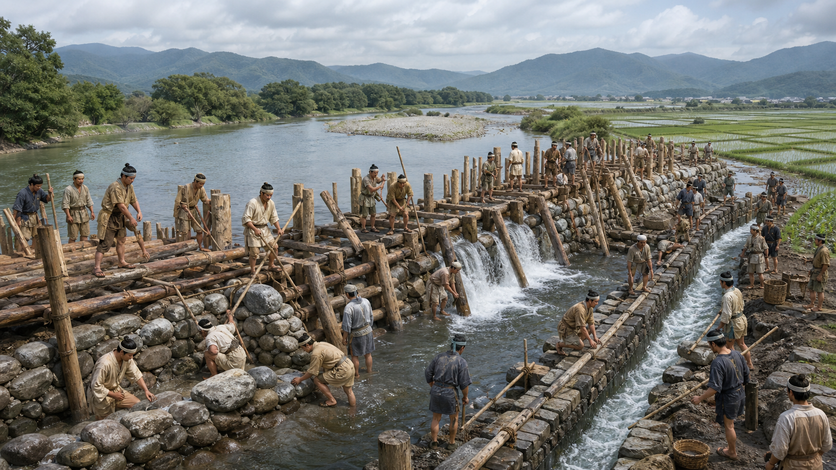 桂川に堰を築き農地へ水を引く古代の人々をイメージした風景