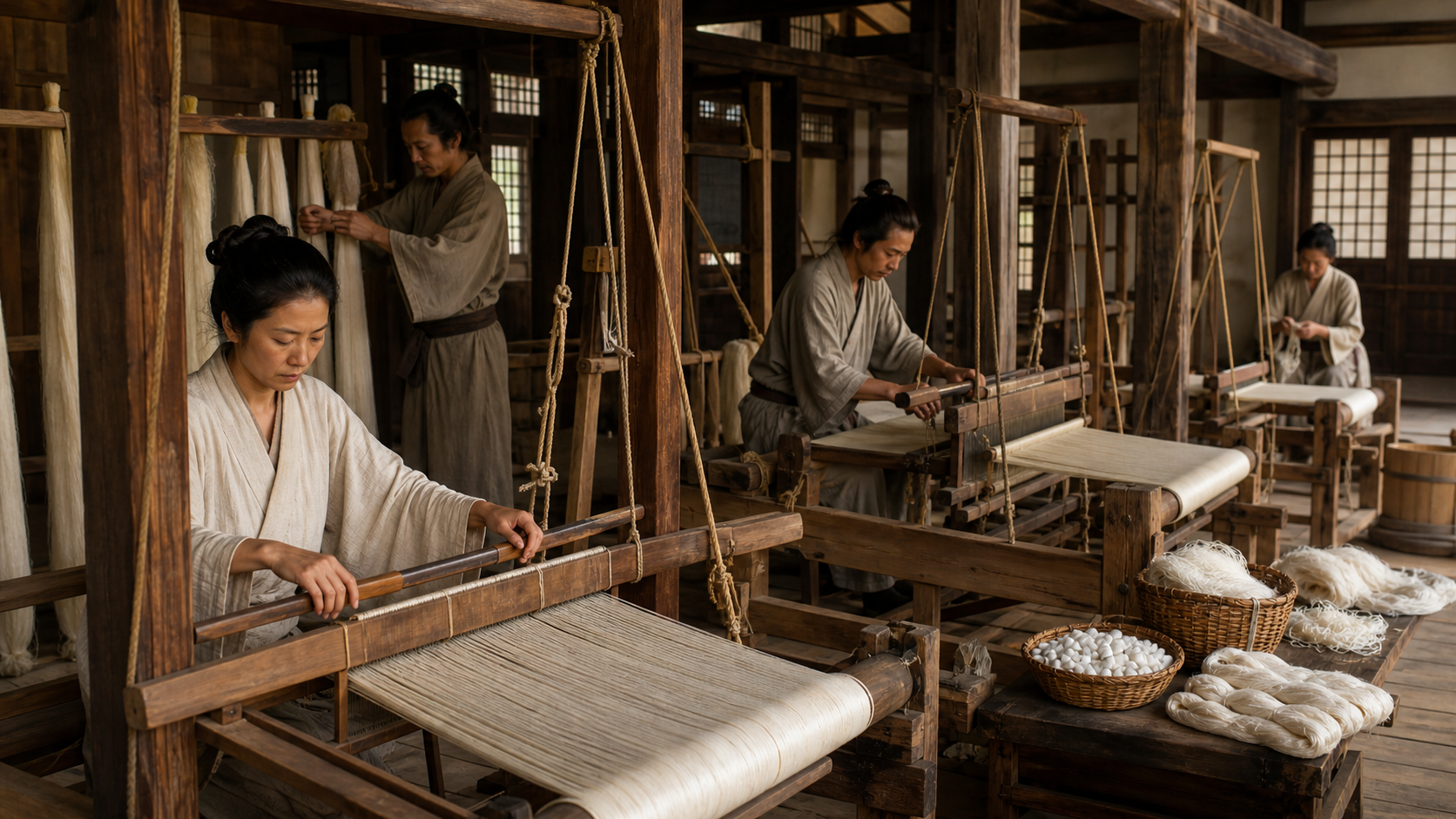 古代の工房で絹を織る秦氏の人々をイメージした場面