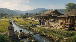 古代の太秦で絹と水路を整える秦氏をイメージした風景