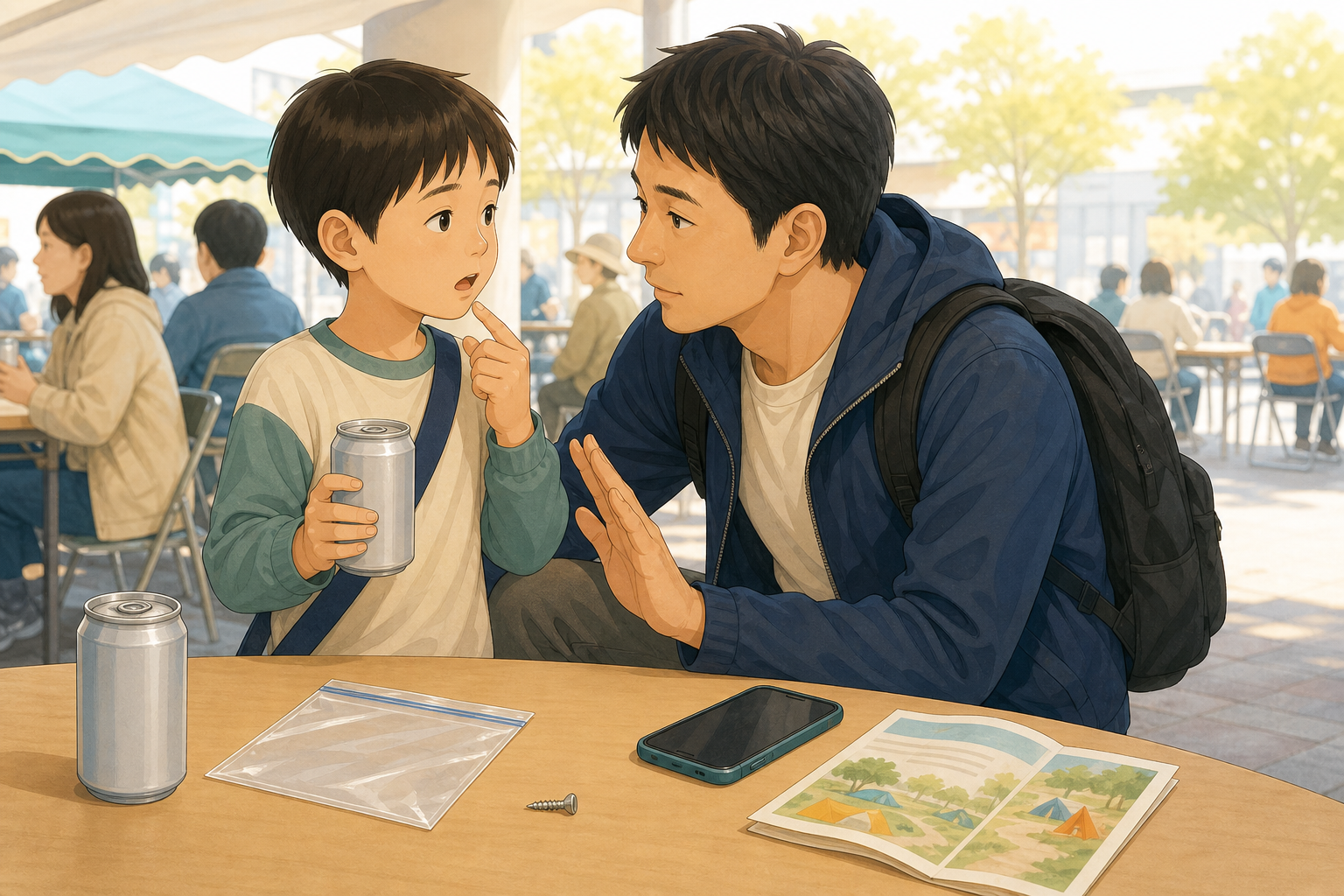 配布された缶入りの水に違和感を訴えた子どもの話を聞き、容器を確認する保護者のイラスト